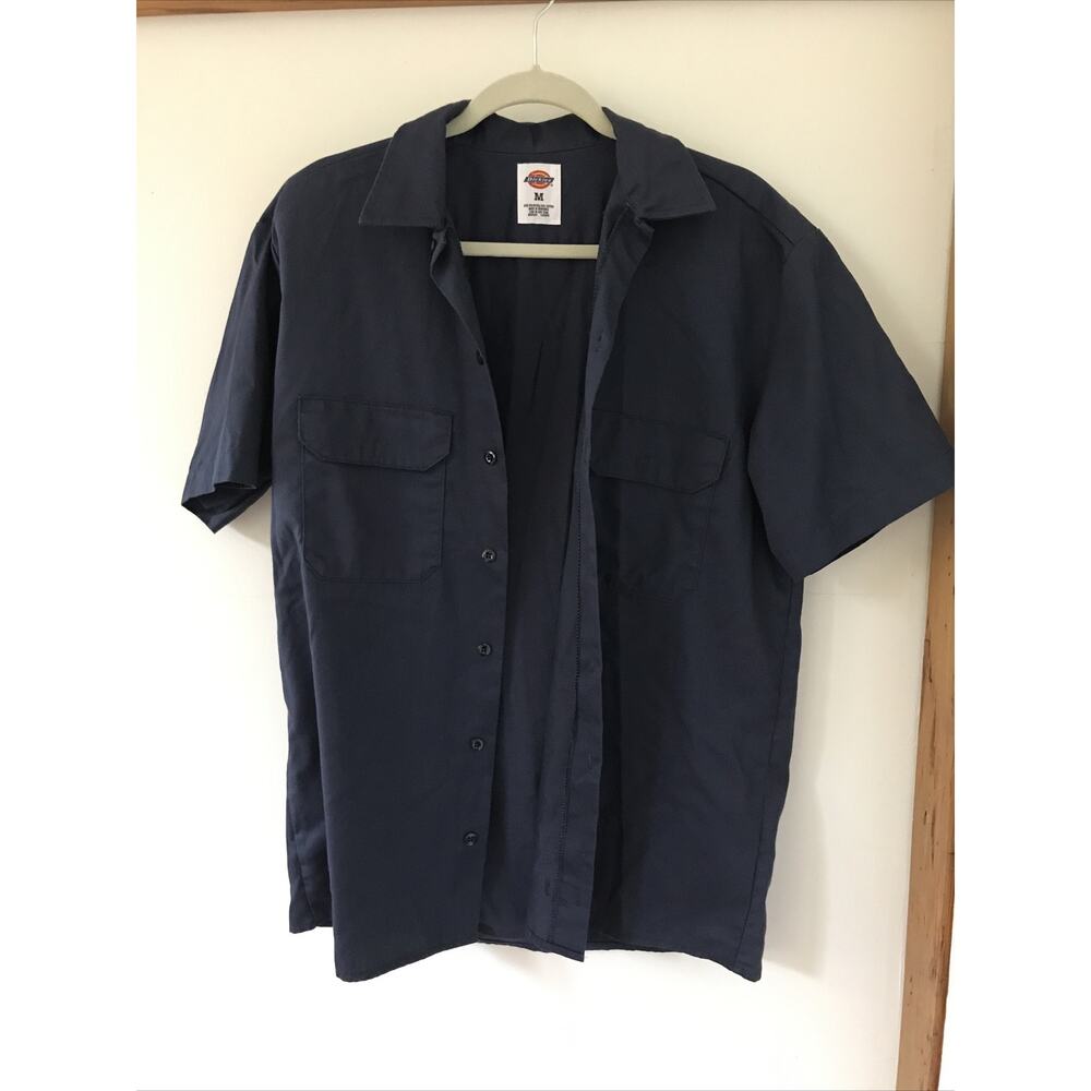 Vtg Style Dickies Mens Navy Blue Polyester Button Up Work Shirt w Pockets M 45"